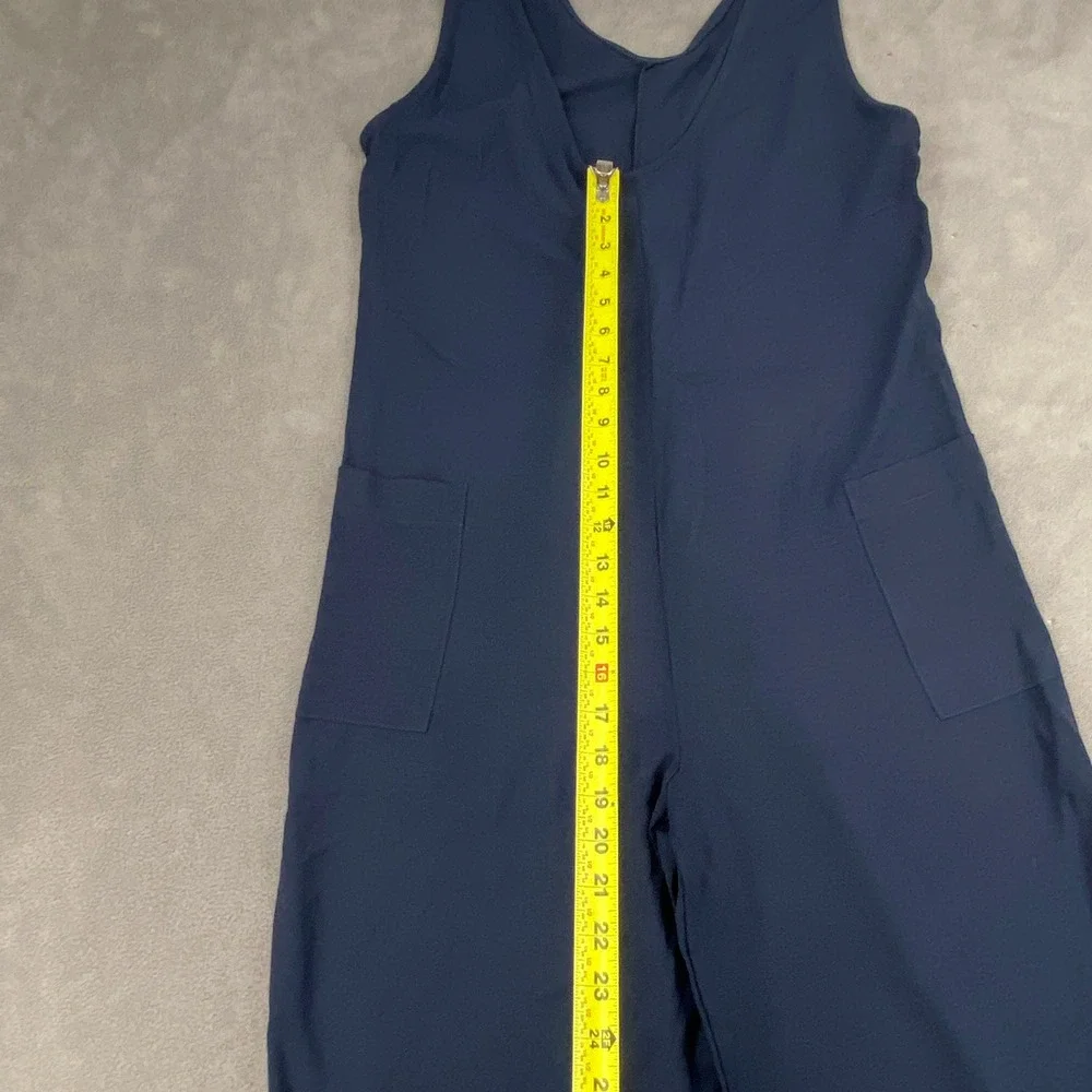Navy Blue Wide Leg Sleeveless V-Neck Jumpsuit‎ with Pockets M1H143 Small